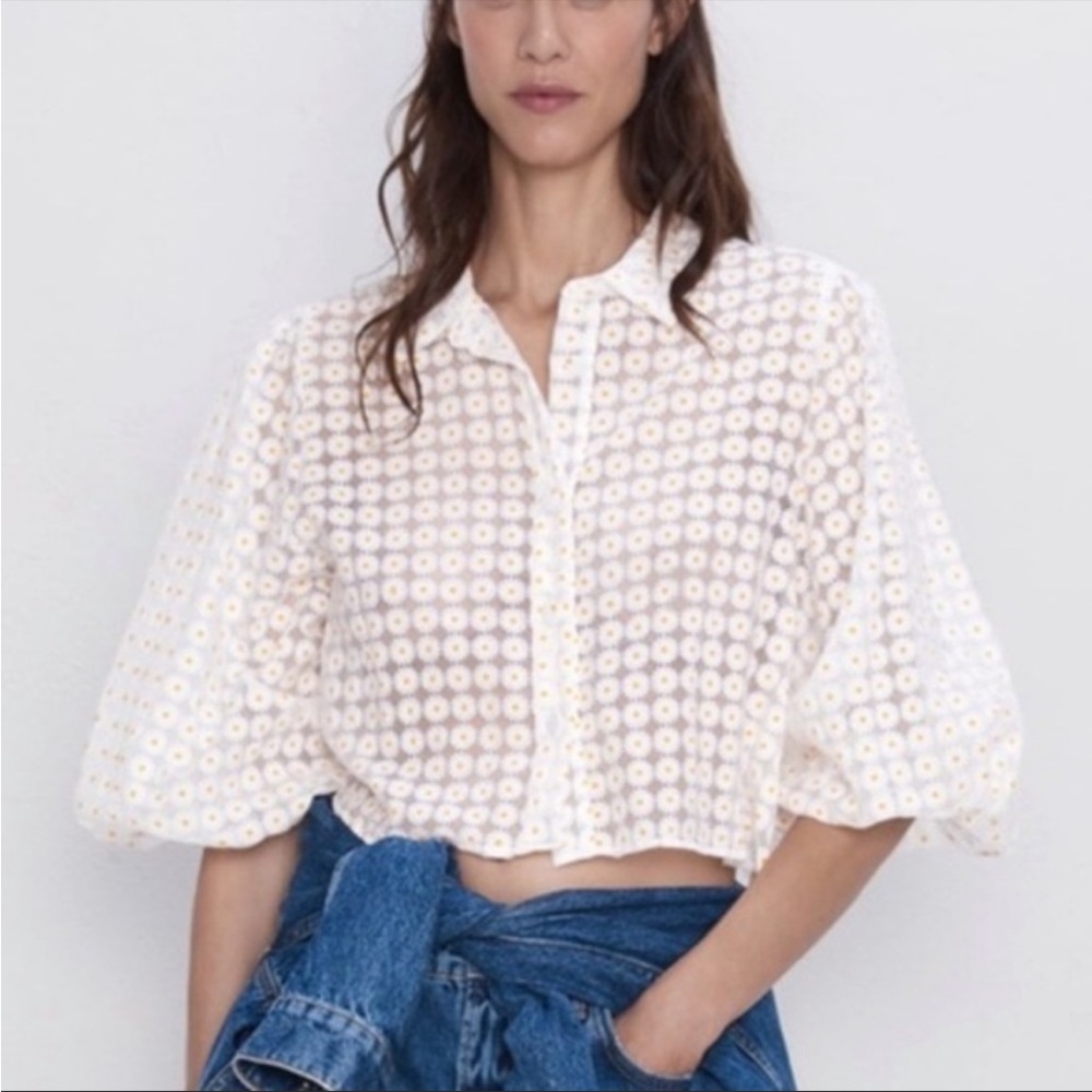 Sunflower organza button up crop top